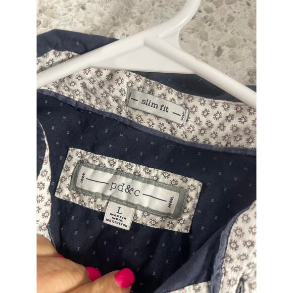 PD&C men's large button down casual shirt navy blue white cotton slim fit - Picture 6 of 16